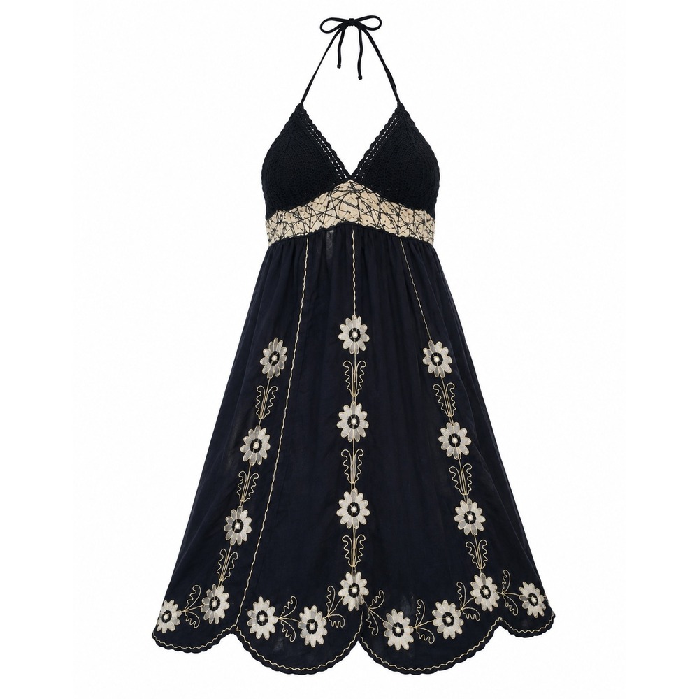 Boho Halter Crochet Lace Floral Embroidered Midi Dress Black Cream Cottagecore S